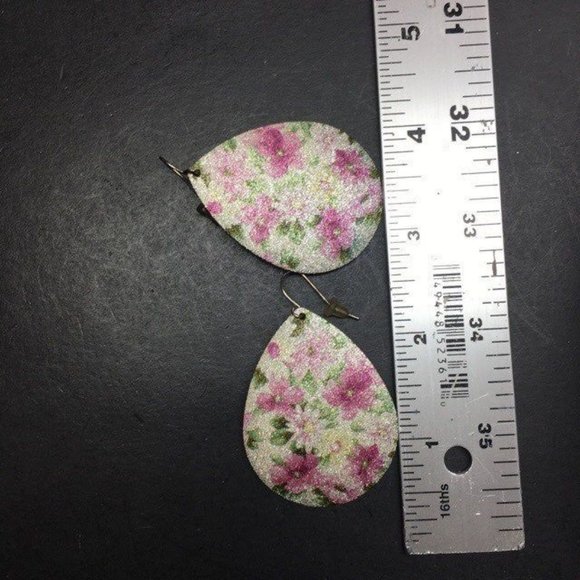 Floral Teardrop Pierced Earrings Big Iridescent Pink Purple Green Retro BoHo - Picture 3 of 3